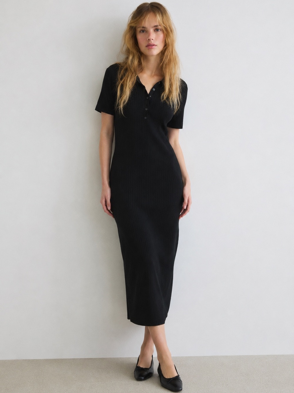 H&M Black Ribbed Button Polo Style Midi Dress